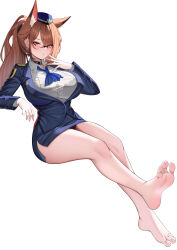 1girl absurdres animal_ears arknights barefoot blush breasts brown_eyes brown_hair feet flight_attendant franka_(arknights) glasses highres lahz52 large_breasts long_hair looking_at_viewer miniskirt parted_lips ponytail skirt soles toes travel_attendant