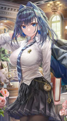 1girl alternate_costume arm_behind_back arm_behind_head black_jacket black_skirt blue_bow blue_eyes blue_hair blue_necktie book bookshelf bow bow_earrings breasts brown_pantyhose chain chain_headband chair chandelier collared_shirt commentary cowboy_shot desk desk_lamp duplicate earrings flower hair_between_eyes hair_intakes hand_up head_chain highres holding holding_book hololive hololive_english indoors jacket jewelry lamp large_breasts light_particles long_hair long_sleeves looking_at_viewer necktie ouro_kronii pantyhose parted_lips pink_flower pixel-perfect_duplicate plant pleated_skirt pocket_watch school_uniform shirt skirt solo standing torino_aqua unworn_jacket virtual_youtuber watch white_shirt window