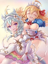 Rule 34 | 2girls, ahoge, ascot, blue hair, blue horns, blue sleeves, braid, breasts, cleavage, closed eyes, cross-laced clothes, cross-laced dress, crystal horns, crystal tail, crystal wings, dragon girl, dragon horns, dragon wings, dress, flower, gloves, hair between eyes, hair flower, hair ornament, hair ribbon, hairband, highres, horns, large breasts, light blue hair, long hair, maoo-san, multiple girls, open mouth, orange hair, pecorine (princess connect!), princess connect!, purple eyes, rainbow skirt, rainbow wings, red ascot, red ribbon, ribbon, sheffy (princess) (princess connect!), sheffy (princess connect!), shrug (clothing), side braid, single braid, smile, tiara, very long hair, white dress, white flower, white hairband, wings