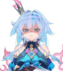 Rule 34 | 1girl, absurdres, blue dress, blue eyes, blue hair, breasts, cerydra (honkai: star rail), commentary request, crossed arms, crown, detached sleeves, dress, hair intakes, highres, honkai: star rail, honkai (series), iga (millmlml), long hair, looking at viewer, medium breasts, mini crown, partially shaded face, simple background, solo, upper body, white background