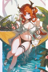 Rule 34 | 1girl, ankle cuffs, arknights, feet in water, hammock, highres, horns, lucasafontes, navel, red hair, solo, surtr (arknights), swimsuit