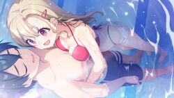 1boy 1girl :d bare_legs barefoot bikini bikini_under_clothes black_hair black_male_swimwear blonde_hair breast_press breasts cleavage closed_eyes collarbone couple dutch_angle earrings fang game_cg hair_ornament hairclip halterneck hetero highres hug jewelry koruri long_hair male_swimwear medium_breasts momiji_akira neko_to_wakai_seyo! open_mouth partially_submerged red_bikini red_eyes short_hair short_shorts shorts smile standing swimsuit white_shorts yasaka_yuuki