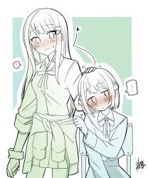 Rule 34 | !, ..., 2girls, absurdres, blush, braid, clothes around waist, collared shirt, commentary request, gakuen idolmaster, h77kobato, half up braid, hand on another&#039;s head, heart, highres, idolmaster, katsuragi lilja, lcl, long hair, multiple girls, neck ribbon, pleated skirt, ribbon, school uniform, scrunchie, shirt, shiun sumika, short hair, skirt, spoken ellipsis, spoken exclamation mark, sweatdrop, sweater, sweater around waist, wrist scrunchie, yuri
