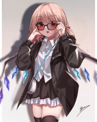 1girl absurdres adjusting_eyewear bag black_jacket black_skirt blonde_hair bow crystal crystal_wings dotted_background fang flandre_scarlet hair_bow highres holding holding_phone jacket open_clothes open_jacket phone red_eyes shirt shoulder_bag signature skin_fang skirt smile solo sunglasses thighhighs top-exerou touhou twintails white_shirt wings