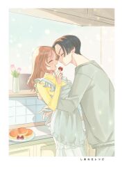 1girl absurdres apron brown_hair couple eating_strawberries face-framing_short_strand highres kitchen loose_hair_strand m15391599 parted_bangs sano_manjirou smile tokyo_revengers white_apron