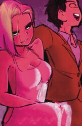 1boy 1girl android_18 black_eyes black_hair blonde_hair blue_eyes blush breasts cleavage couple dragon_ball dragon_ball_super dress formal_clothes happy husband_and_wife kuririn smile suit
