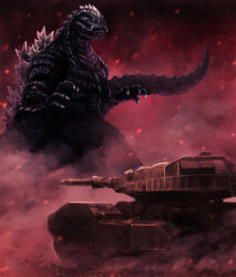 akito1218 black_sclera bones_(company) claws colored_sclera elbow_spikes embers fangs fog giant giant_monster glowing glowing_eyes godzilla godzilla_(series) godzilla_singular_point godzilla_ultima japan_ground_self-defense_force japan_self-defense_force kaiju military military_vehicle monster motor_vehicle no_humans orange_(company) sharp_teeth spikes tail tank teeth toho tusks type_10_(tank) veins veiny_spikes weapon yellow_eyes
