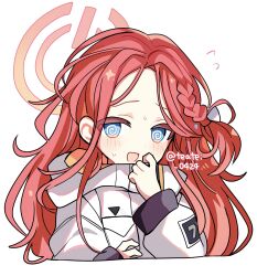 1girl :d @_@ blue_archive blue_eyes blush commentary cropped_torso dot_nose flying_sweatdrops halo hand_up highres jacket long_hair long_sleeves looking_at_viewer open_mouth orange_halo parted_bangs red_hair shirocha_tei simple_background smile solo sweat twitter_username white_background white_jacket yuzu_(blue_archive)