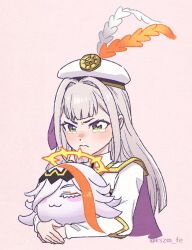 1girl baldr_(fire_emblem_heroes) blonde_hair character_doll closed_mouth crying crying_with_eyes_open doll fire_emblem fire_emblem_heroes hat hat_feather kszm_fe long_hair nintendo solo tears vali_(fire_emblem) yellow_eyes