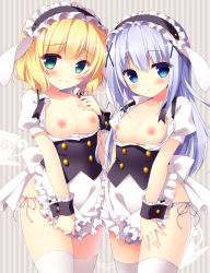 2girls 3: alternate_costume animal_ears apron blonde_hair blouse blue_eyes blue_panties blush breasts breasts_out covering_privates covering_crotch fleur_de_lapin_uniform frilled_shirt frills gochuumon_wa_usagi_desu_ka? green_eyes hair_ornament hairband hairclip hand_on_own_chest kafuu_chino kirima_syaro loli long_hair looking_at_viewer matching_outfits multiple_girls nipples no_bra open_clothes open_shirt panties pink_panties rabbit_ears saji-wata sasai_saji shirt short_hair short_sleeves side-tie_panties silver_hair small_breasts thighhighs underwear waitress white_legwear white_shirt wrist_cuffs x_hair_ornament