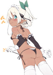 1girl ? ?? absurdres arm_at_side artist_request ass back bikini black_bikini blue_eyes blunt_ends blush breasts closed_mouth cowboy_shot dark-skinned_female dark_elf dark_skin elbow_gloves elf everyday_mushroom frilled_gloves frills from_behind gloves green_ribbon hair_ribbon halterneck highres layered_gloves looking_at_viewer looking_back maid maid_bikini maid_headdress nervous_smile notice_lines one_side_up original pointy_ears price_tag profile ribbon short_hair side-tie_bikini_bottom small_breasts smile solo string_pull sweatdrop swimsuit thighhighs thong unconventional_maid white_gloves white_hair white_thighhighs