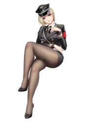 1girl absurdres arm_strap ass black_hat black_necktie black_pantyhose black_shoes black_sleeves blonde_hair blue_eyes buttons chinese_commentary collared_shirt crossed_legs double-breasted fingernails floating_character full_body hat head_tilt high_heels highres legs long_legs long_sleeves looking_at_viewer military_uniform necktie original pantyhose scar scar_across_eye scar_on_face shadow shirt shoes short_hair simple_background solo thighs white_background yoga_(1013968)