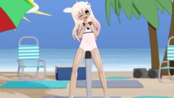 10s 1girl 3d bare_arms bare_legs bare_shoulders beach beach_chair beach_towel beach_umbrella blender_(medium) blonde_hair blue_eyes blush boombox bottomless clenched_hands clitoris commentary crop_top day drooling female_focus flower gs-mantis hair_flower hair_ornament hibiscus highres kantai_collection loli long_hair nabel object_insertion ocean one-piece_tan one_eye_closed open_mouth own_hands_together pussy_juice ro-500_(kancolle) sailor_collar saliva solo tan tanline tears tongue tongue_out torpedo towel tree umbrella uncensored vaginal vaginal_object_insertion