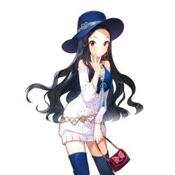 1girl alternate_costume bag bare_shoulders belt belt_buckle black_hair blue_bow blue_nails blue_ribbon blush bow breasts buckle casual choker clarice_lapis closed_mouth clothing_cutout collarbone cowboy_shot dress earrings finger_to_mouth fingernails forehead hand_to_own_mouth hand_up handbag hat heart holding holding_bag jewelry lace lace-trimmed_dress lace_trim long_hair long_sleeves looking_at_viewer nail_polish necklace off_shoulder parted_bangs red_eyes ribbed_sweater ribbon salt_(salty) see-through_clothes short_dress shoulder_bag shoulder_cutout simple_background skirt sleeveless sleeveless_dress small_breasts smile solo standing striped_background sweater thighhighs transparent_background turtleneck uchi_no_hime-sama_ga_ichiban_kawaii very_long_hair wavy_hair white_background white_dress white_skirt zettai_ryouiki
