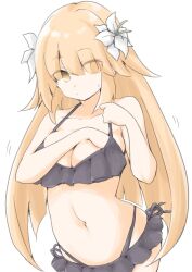 1girl adjusting_breasts akara_kai bikini bikini_skirt black_bikini blonde_hair breasts brooklyn_(kancolle) brooklyn_(swimsuit)_(kancolle) cleavage cowboy_shot flower frilled_bikini frills hair_flower hair_ornament highleg highleg_bikini highres kantai_collection large_breasts long_hair official_alternate_costume red_eyes ruffle_bikini simple_background solo swimsuit white_background white_flower
