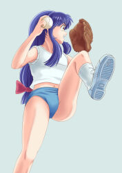 1girl absurdres arms_up ass ball baseball baseball_(object) baseball_glove blue_buruma blue_hair blue_shoes bow buruma feet_out_of_frame grin gym_uniform hair_bow highres leg_up legs long_hair long_sidelocks looking_to_the_side low-tied_long_hair midriff navel open_mouth pitching profile ranma_1/2 ribbon shirt shoes sidelocks simple_background sleeveless sleeveless_shirt smile socks solo standing standing_on_one_leg takinomori_momiji teeth tendou_akane thighs upper_teeth_only v-shaped_eyebrows very_long_hair white_shirt white_socks