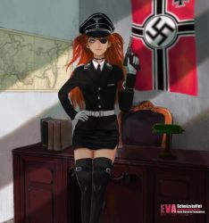 1girl absurdres desk_lamp eyepatch female_focus gloves gun hand_on_own_hip handgun highres holding holding_gun holding_weapon jing_silang lamp luger_p08 map nazi nazi_flag neon_genesis_evangelion red_hair solo souryuu_asuka_langley swastika thighhighs thighs two_side_up weapon white_gloves world_war_ii