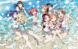 6+girls ahoge aqua_eyes artbook barefoot beach black_hair blonde_hair blue_eyes blue_hair blunt_bangs bow braid brown_hair collarbone day floating_hair grey_hair grey_sailor_collar grey_skirt grin hair_bow hair_bun hair_ornament hair_rings hairclip highres holding kunikida_hanamaru kurosawa_dia kurosawa_ruby long_hair looking_at_viewer love_live! love_live!_sunshine!! matsuura_kanan miniskirt mole mole_under_mouth multiple_girls neckerchief non-web_source ocean official_art ohara_mari one_eye_closed open_mouth orange_hair outdoors outstretched_arms pleated_skirt ponytail purple_eyes purple_hair red_eyes red_hair red_neckerchief sailor_collar sakurauchi_riko school_uniform serafuku shirt short_hair short_sleeves side_braid sitting skirt smile summer_uniform takami_chika tie_clip tsushima_yoshiko two_side_up uranohoshi_school_uniform watanabe_you water water_gun wet wet_clothes white_shirt yellow_bow yellow_eyes