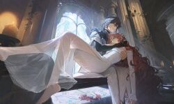Rule 34 | 1boy, 1girl, arm around back, arm around neck, backlighting, barefoot, bird, black hair, blood, blood on ground, blue eyes, brown hair, candelabra, candle, candlestand, colored inner hair, column, crying, dead animal, dress, earrings, empty eyes, from below, hair ribbon, high collar, highres, huh 1222, intestines, jewelry, knees up, lace, long dress, long hair, long sleeves, lying on person, mixed media, multicolored hair, on bench, original, parted lips, pillar, plant, purple eyes, ribbon, see-through clothes, see-through dress, side slit, sitting, stained glass, streaming tears, sunlight, tears, very long hair, vines, wavy hair, white dress, window shadow