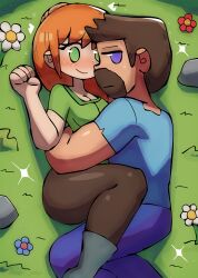 1boy 1girl alex_(minecraft) beard blue_pants blue_shirt blush boots breasts brown_hair brown_pants cleavage facial_hair flower grass green_eyes green_shirt grey_boots hetero hug long_hair looking_at_another looking_at_viewer lying medium_breasts minecraft on_grass orange_hair pants purple_eyes rock shirt short_hair short_sleeves smile sparkle steve_(minecraft) thick_thighs thighs tony_welt torn_clothes torn_shirt wide_hips