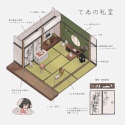1girl animal animal_ears animal_hug b_nosk101 bamboo_print basket book box calendar_(object) calligraphy_brush carrot chibi closet cut-away desk donation_box dress folded_clothes futon highres inaba_tewi kine mallet open_book paintbrush pillow pink_dress pointing_out_the_details rabbit rabbit_ears rabbit_tail round_window shelf simple_background sliding_doors socks statue tail tatami touhou translation_request white_background window