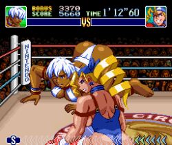 Rule 34 | 2girls, ass, bandana, blonde hair, blue eyes, boxing gloves, boxing ring, bra, bracelet, breasts, capcom, cleavage, crossover, dark-skinned female, dark skin, earrings, elena (street fighter), highres, jewelry, justice gakuen, kneeling, leotard, multiple girls, nakamanga, nakamangahikari, street fighter, thong, tiffany lords, underwear, white hair