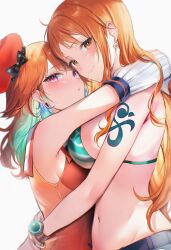 2girls :o absurdres arm_tattoo bikini bracelet breasts brown_eyes closed_mouth color_connection crossover detached_sleeves earrings hair_color_connection hat highres hololive hololive_english hug jewelry large_breasts long_hair maru_ccy medium_breasts multiple_girls nami_(one_piece) one_piece orange_hair orange_hat purple_eyes smile swimsuit takanashi_kiara tattoo virtual_youtuber