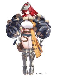 1girl armored_boots arrow_(tamawo222) blue_shorts boots breasts character_request closed_mouth collarbone commentary_request full_body hair_over_one_eye highres knee_boots large_breasts long_hair navel official_art ponytail power_fist red_eyes red_hair sennen_sensou_aigis short_shorts shorts simple_background single_thighhigh solo standing thighhighs very_long_hair welding_mask white_background white_thighhighs