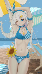 1girl absurdres ai_dongdong armpits arms_up beach bikini bird blue_bikini blue_eyes braid breasts cleavage closed_mouth highres honkai_(series) honkai_impact_3rd jewelry kiana_kaslana kiana_kaslana_(herrscher_of_finality) looking_at_viewer navel necklace one_eye_closed outdoors seagull smile solo standing stomach stretching swimsuit twin_braids