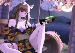 Rule 34 | 1girl, absurdres, alcohol, animal ear fluff, animal ears, araca ra, arm behind back, bare shoulders, black kimono, blush, bottle, breasts, brown hair, cherry blossoms, cleavage, closed mouth, collarbone, eyebrows hidden by hair, eyes visible through hair, floral print, floral print kimono, full moon, grass, grey sky, highres, holding, holding bottle, holo, japanese clothes, kimono, long hair, looking at viewer, medium breasts, moon, mountain, night, night sky, on floor, open clothes, open kimono, print kimono, red eyes, sitting, sky, smile, solo, spice and wolf, tail, thigh strap, thighs, tree, very long hair, wine, wine bottle, wolf ears, wolf girl, wolf tail