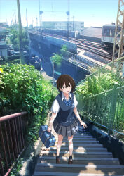 1girl :d bag black_eyes black_hair black_skirt black_socks blue_sky blue_sweater_vest bush collared_shirt day gradient_sky hair_between_eyes highres house leaf looking_at_viewer open_mouth original outdoors railing railroad_tracks sakeharasu school_bag school_uniform shirt short_hair short_sleeves skirt sky smile socks solo stairs standing sweater_vest tree utility_pole white_shirt