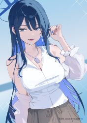 1girl alternate_costume blue_archive blue_eyes blue_hair blue_halo breasts cleavage colored_inner_hair dog_tags earrings halo highres j._(anonymousarts) jewelry multicolored_hair necklace saori_(blue_archive) shirt sleeveless solo white_shirt