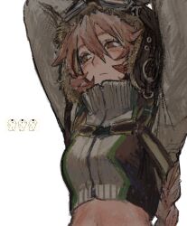 1girl arms_up aviator_cap aviator_goggles braid breasts brown_eyes brown_hair character_request closed_mouth copyright_request crop_top hair_between_eyes hasu_art high_collar highres long_hair long_sleeves medium_breasts midriff simple_background solo upper_body white_background