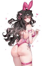 1girl animal_ears arm_garter artist_name ass back backless_leotard bare_back black_hair breasts bunbbyart cat_ears cowboy_shot fake_animal_ears from_behind hairband highleg highleg_leotard highres indie_virtual_youtuber large_breasts leotard long_hair looking_at_viewer looking_back median_furrow multicolored_hair nikkinyami_(vtuber) pink_leotard playboy_bunny rabbit_ears rabbit_tail red_eyes skindentation smile solo streaked_hair tail thigh_strap thighs thong_leotard virtual_youtuber watermark wavy_hair