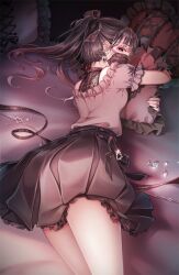1girl black_eyes black_hair black_mask black_skirt breasts commentary_request ear_piercing earrings frilled_pillow frilled_shirt frills grey_shirt heart heart_earrings holding holding_pillow jewelry jirai_kei karen_(navy_42) korean_commentary lace looking_at_viewer medium_hair off-shoulder_shirt off_shoulder original piercing pillow shirt skirt solo twintails