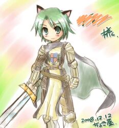 1boy 2000s_(style) animal_ears armor belt brown_belt brown_pants cape cat_boy cat_ears chainmail closed_mouth commentary_request cowboy_shot dated emblem exp_mochi gauntlets green_background green_cape green_eyes green_hair holding holding_sword holding_weapon knight_(ragnarok_online) looking_at_viewer male_focus pants pauldrons ragnarok_online short_hair shoulder_armor smile solo sword tabard weapon white_tabard