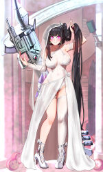 Rule 34 | 1girl, absurdres, architect (girls&#039; frontline), armlet, asymmetrical clothes, black hair, blush, bracelet, breasts, bridal veil, closed mouth, commentary request, covered navel, detached sleeves, dress, earrings, fingernails, frilled thigh strap, full body, girls&#039; frontline, goliath (girls&#039; frontline), hair ornament, high heels, highres, holding, holding own hair, jewelry, leotard, long fingernails, long hair, looking at viewer, one side up, paid reward available, pink eyes, pink nails, popoman, rocket launcher, sangvis ferri, sarong, shoes, single detached sleeve, single thighhigh, smile, solo, standing, thigh strap, thighhighs, v, veil, very long hair, weapon, wedding dress, white leotard, white shoes, white thighhighs, winged footwear