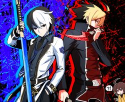!? 1girl 2boys ahoge black_eyes black_hair blonde_hair blue_background brown_hair chibi coat cosplay costume costume_switch dagger dress_shirt eliminator_(weapon) formal_clothes grey_eyes hood hoodie insulator_(weapon) jacket kido_hyde kido_hyde_(cosplay) knife linne_(under_night_in-birth) looking_at_viewer male_focus multicolored_hair multiple_boys necktie purple_eyes red_background red_eyes school_uniform seth_(under_night_in-birth) seth_(under_night_in-birth)_(cosplay) shirt short_hair sword tb_(spr1110) two-tone_hair under_night_in-birth weapon weapon_switch white_hair