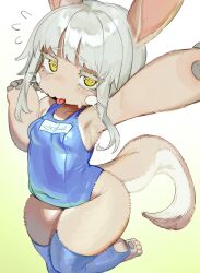 1girl absurdres animal_ears armpits breasts creature furry furry_female gradient_background grey_hair highres jianpan_xiafang_de_da_kongge made_in_abyss nanachi_(made_in_abyss) one-piece_swimsuit pawpads rabbit_ears rabbit_girl school_swimsuit short_hair sidelocks small_breasts swimsuit thick_eyelashes thick_thighs thighhighs thighs tongue tongue_out whiskers yellow_eyes