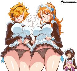 4girls apron black_dress black_hair blue_ribbon blush_stickers breasts bright_pupils cameltoe closed_eyes closed_mouth clothes_lift commentary covering_another&#039;s_eyes curvy dress dress_lift earrings english_commentary english_text frilled_apron frills grin hair_over_one_eye hair_ribbon high_ponytail highres jewelry jewelry_bonney large_breasts lewdamone lifting_own_clothes long_sleeves looking_at_viewer maid_apron maid_headdress messy_hair multiple_girls nami_(one_piece) naughty_face nico_robin one_piece orange_hair panties patreon_logo pink_eyes pink_hair ponytail ribbon shiny_skin simple_background smile speech_bubble teeth thighs thong tongue tongue_out underwear upper_teeth_only v-shaped_eyebrows vegapunk_lilith watermark web_address white_apron white_background white_pupils wide_hips