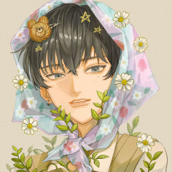 1boy bear_hair_ornament black_hair daisy_(flower) ear_piercing floral_print flower foliage grey_eyes hair_between_eyes hair_ornament hairclip headscarf highres leaf looking_to_the_side mole mole_under_eye original piercing scarf simple_background solo star_(symbol) stuffed_animal stuffed_toy teddy_bear yksm_ktn