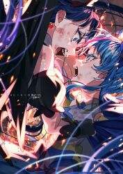 2girls aoi_tete artist_name black_gloves blue_cape blue_dress blue_eyes blue_hair brooch cape clothes_grab commentary cure_sky cure_sky_(dark) dark_persona detached_sleeves dress dual_persona earrings fighting frown glaring gloves hashtag highres hirogaru_sky!_precure jewelry looking_at_another magical_girl multicolored_hair multiple_girls open_mouth pink_hair precure puffy_detached_sleeves puffy_sleeves red_hair signature sleeveless sleeveless_dress sora_harewataru streaked_hair translated twintails two-tone_hair wing_brooch