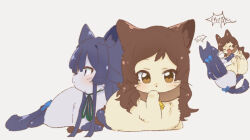 animal animal_collar animal_focus animalization bell black_hair blue_bow bow brown_collar brown_eyes brown_hair cat collar green_ribbon hair_bow half_updo hutaba idolmaster idolmaster_million_live! kitazawa_shiho long_hair looking_at_viewer lying mogami_shizuka multiple_views neck_bell neck_ribbon no_humans ribbon simple_background white_background