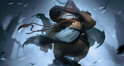 Rule 34 | 1other, bag, blurry, blurry background, brown eyes, brown fur, cat, claws, dragon, fangs, full body, grey cloak, hand on headwear, hat, highres, jiunn kuo, monster hunter (series), monster hunter wilds, no humans, outdoors, rove (monster hunter wilds), snowing, standing, wizard hat