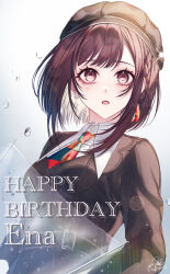 Rule 34 | 1girl, backlighting, belt, black belt, black hat, black jacket, bob cut, braid, breasts, brown eyes, brown hair, bubble, buttons, character name, checkered necktie, collared shirt, commentary request, earrings, eyelashes, facing viewer, from below, gradient background, green necktie, grey background, happy birthday, hat, highres, inverted bob, jacket, jewelry, long sleeves, looking up, lower teeth only, medium breasts, multicolored necktie, necktie, nhrg806, open mouth, orange necktie, project sekai, red necktie, shinonome ena, shirt, simple background, single braid, solo, sparkle, swept bangs, teeth, upper body, white background, white shirt