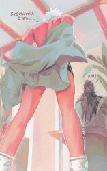 2boys artistdkt back black_hair english_text from_below getou_suguru gojou_satoru hair_bun hair_pulled_back highres jujutsu_kaisen long_hair long_sleeves looking_at_another male_focus multiple_boys pants short_hair short_shorts shorts socks thighs toned toned_male undressing white_hair yaoi