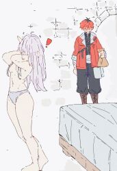 ! 1boy 1girl absurdres ahoge antenna_hair baggy_pants bed bikini bikini_bottom_only black_pants blush boots breasts brown_boots character_request coat commentary elf english_commentary frieren full_body hair_over_face hands_in_own_hair highres holding lucy_mel0 medium_breasts multicolored_hair navel pants pointy_ears red_coat sousou_no_frieren standing swimsuit topless_female white_bikini white_hair