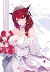 1girl absurdres alternate_costume bare_shoulders blue_eyes bouquet braid braided_ponytail breasts bridal_veil bride choker cleavage closed_mouth colored_inner_hair commentary crystal_wings dress elbow_gloves english_commentary falling_petals flower gloves hair_flower hair_ornament hair_over_shoulder heterochromia highres holding holding_bouquet hololive hololive_english horns irys_(hololive) jewelry large_breasts looking_at_viewer low_ponytail multicolored_hair namiorii petals pink_eyes pink_hair pointy_ears ponytail purple_hair reaching reaching_towards_viewer red_hair ribbon_choker ring sleeveless sleeveless_dress smile solo strapless strapless_dress streaked_hair tiara veil virtual_youtuber wedding_dress white_dress white_gloves