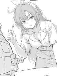 Rule 34 | 1girl, blue archive, blush, breasts, greyscale, long hair, marulire, medium breasts, monochrome, shirt, simple background, solo, twitter, white background, yuuka (blue archive), yuuka (pajamas) (blue archive)