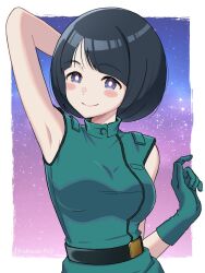1girl akane_(akaneoekaki0928) arm_up armpits artist_name black_hair blue_eyes blush border breasts commentary_request cosplay dress emma_sheen emma_sheen_(cosplay) gloves green_dress green_gloves gundam gundam_gquuuuuux highres looking_at_viewer medium_breasts military_uniform night night_sky shiiko_sugai short_hair sky smile solo twitter_username white_border zeta_gundam